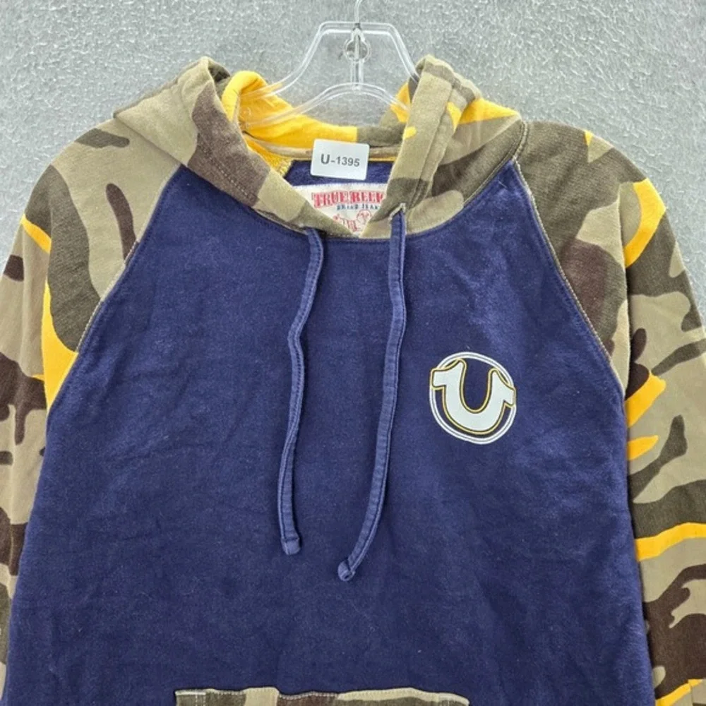 True Religion Men Sweatshirt Medium Blue Camo Terry‎ Hoodie Logo Pockets